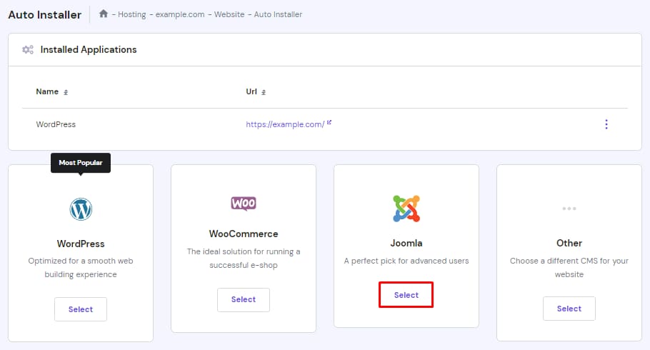Hostinger's Auto Installer panel highlighting the Joomla select button.
