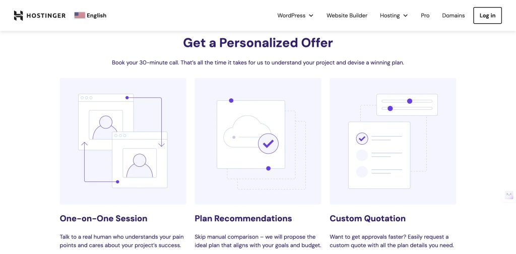 Hostinger's scheduling a sales call process showing one-on-one session as the first step, plan recommendations as the second step, and custom quotation as the third step.