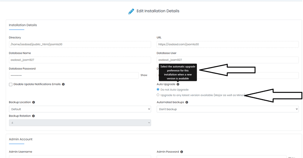 Scalahosting's Softaculous dashboard showing how to enable the Joomla auto-upgrade option