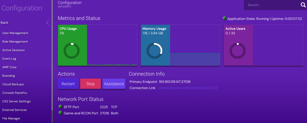 Hostinger's Game Panel instance configuration menu