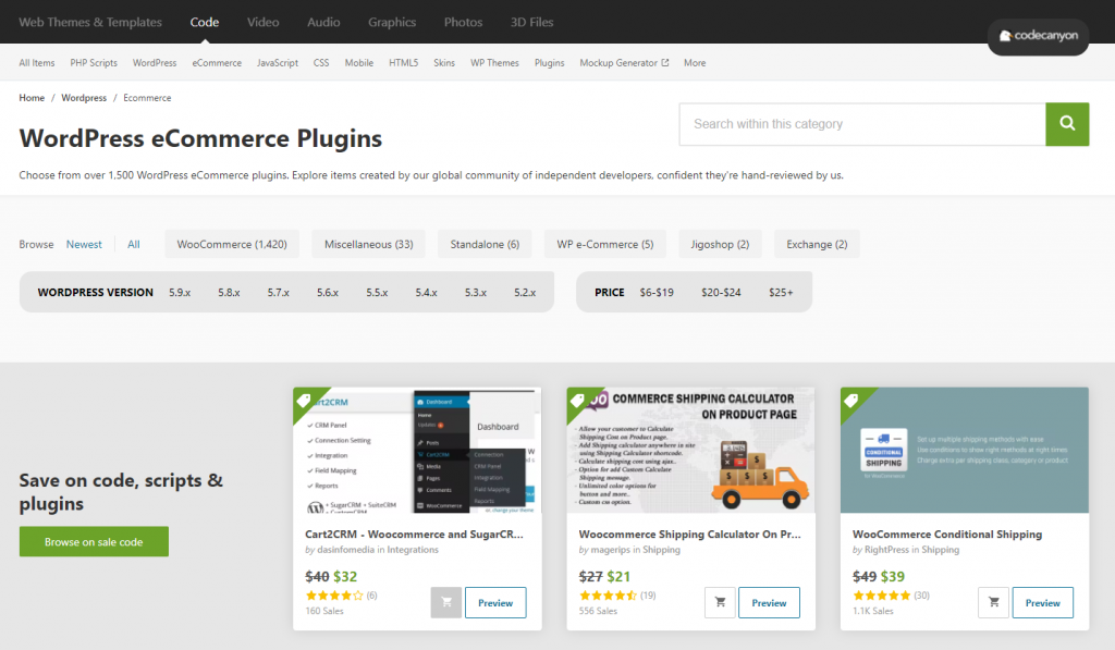 CodeCanyon, a third-party plugin marketplace