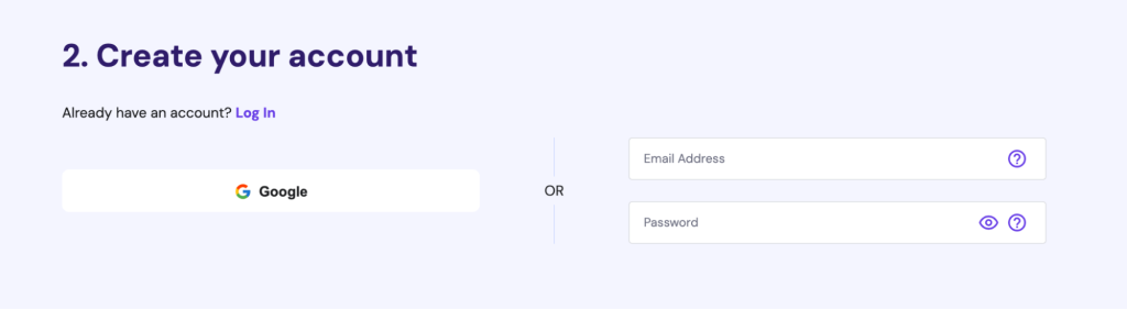 The account creation section in the Hostinger hosting plan purchase flow