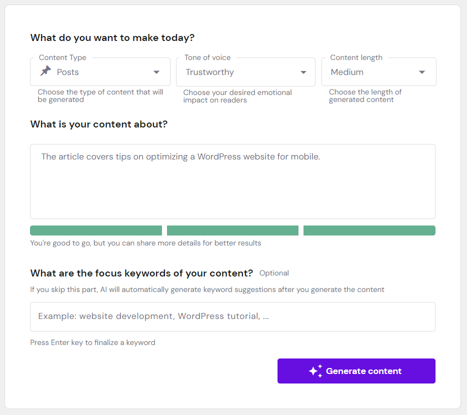 Hostinger's AI Content Creator form for content generation