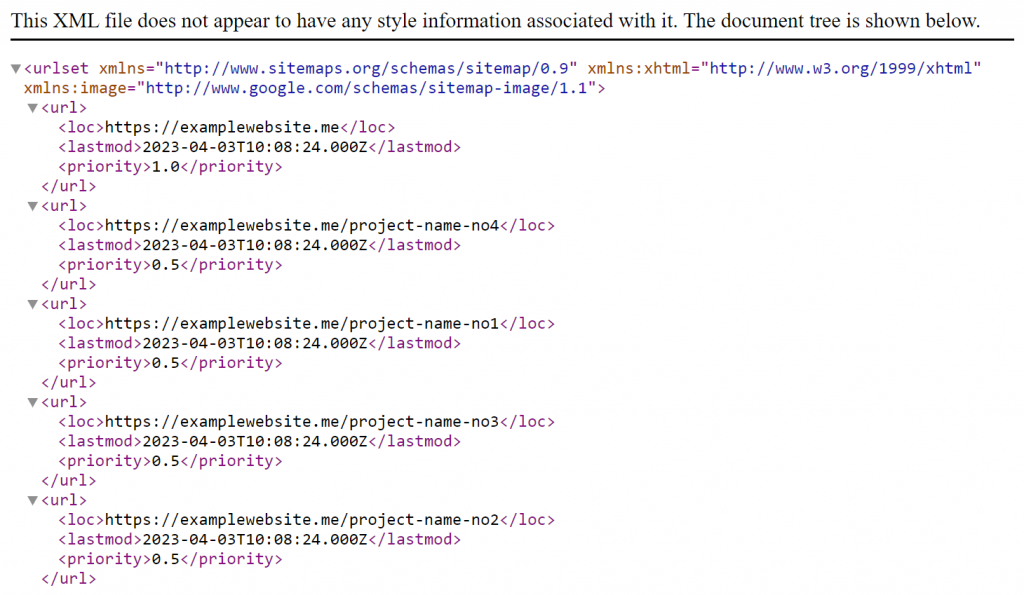 An automatically generated sitemap of a website built with Hostinger Website Builder