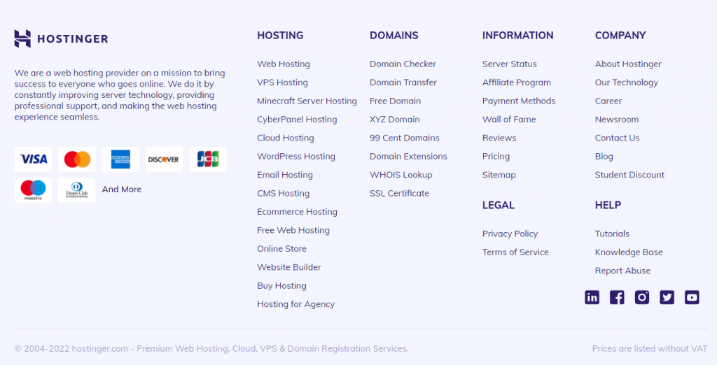An example of a footer on Hostinger's website