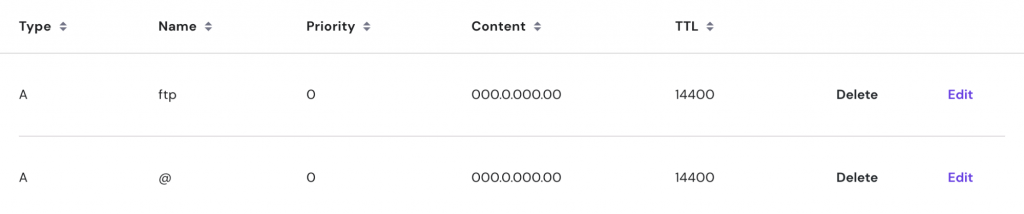 Screenshot showing DNS A records