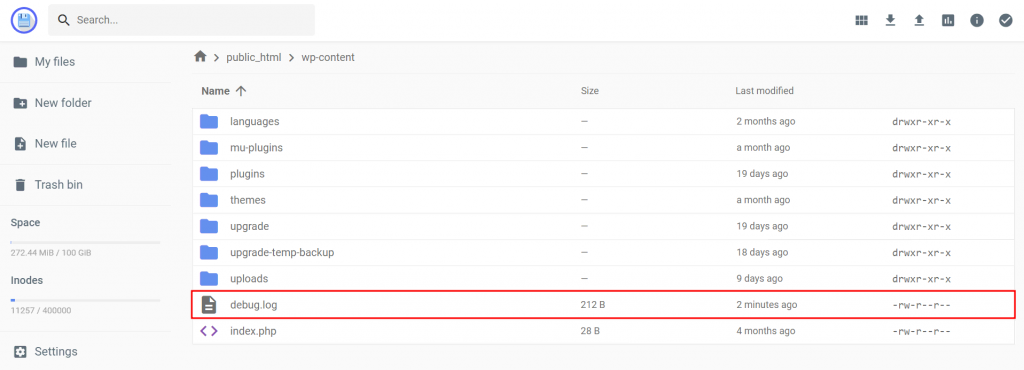 Hostinger File Manager highlighting the newly created debug.log file