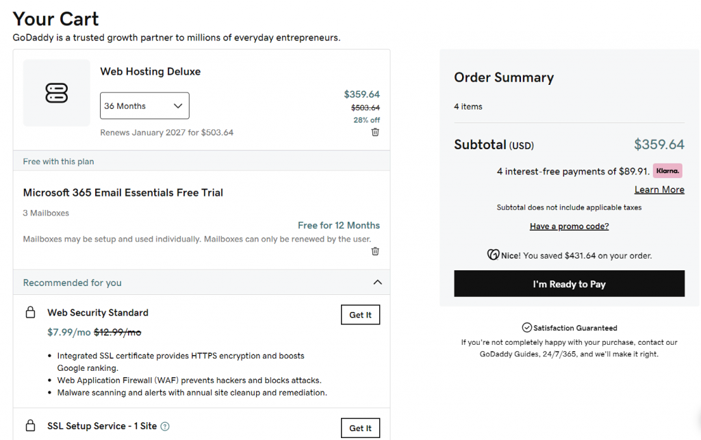 Pricing simulation for GoDaddy web hosting purchase