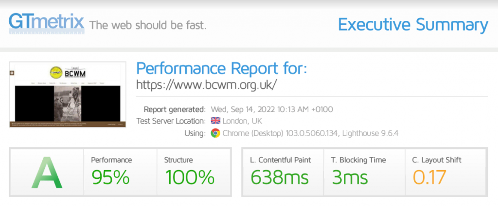 GTMetrix results for Bentwaters Cold War Museum's website. The performance score is 95%