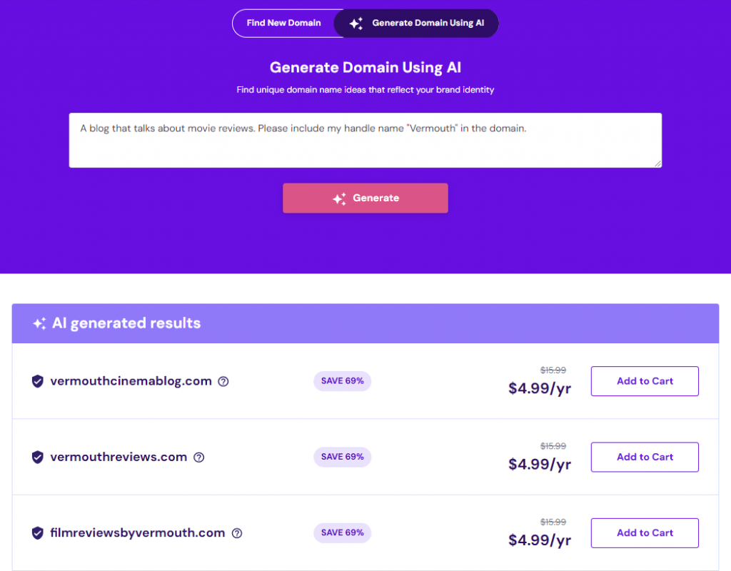 Generating domain name options with AI in Hostinger