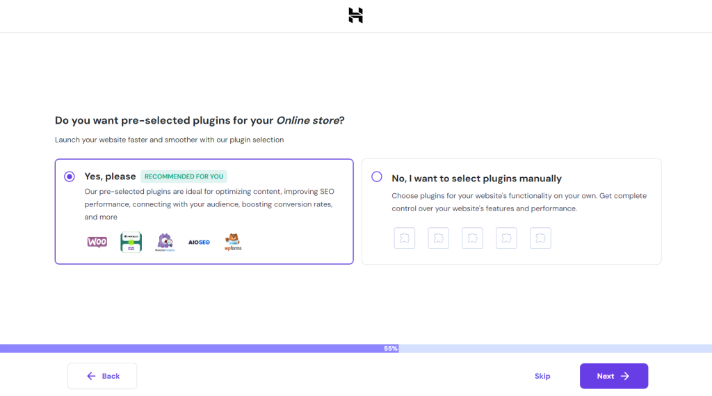 The pre-select plugins step in the Hostinger setup wizard