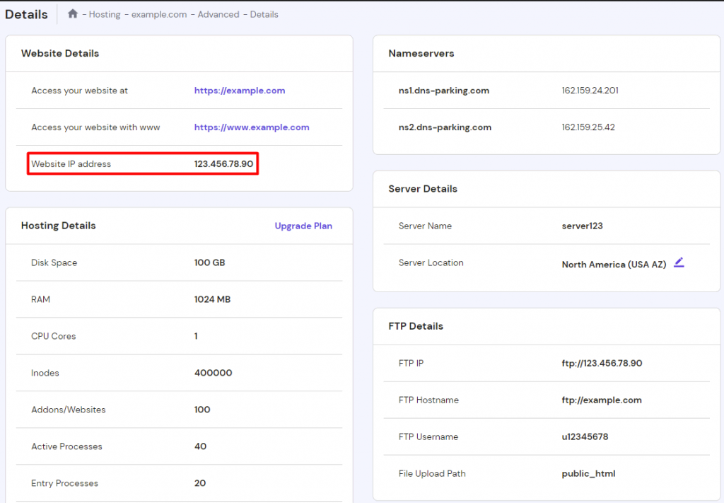 The "Website Details" section on hPanel with the IP address highlighted in red