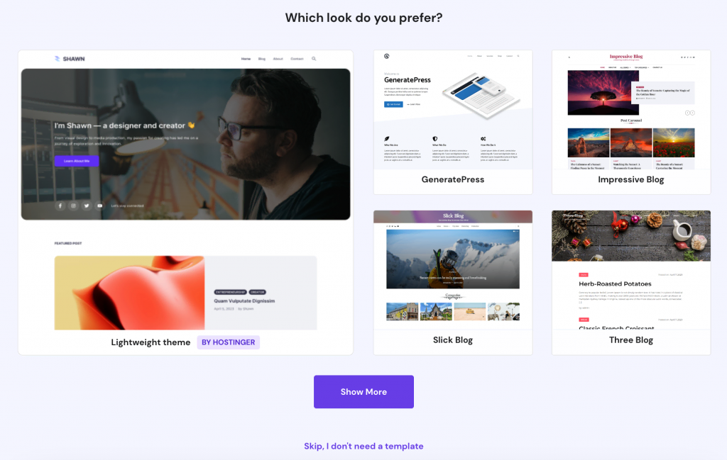 A selection of website themes in the setup wizard, including Hostinger Blog Theme.