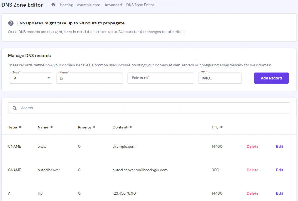 The main view of the DNS Zone Editor on hPanel