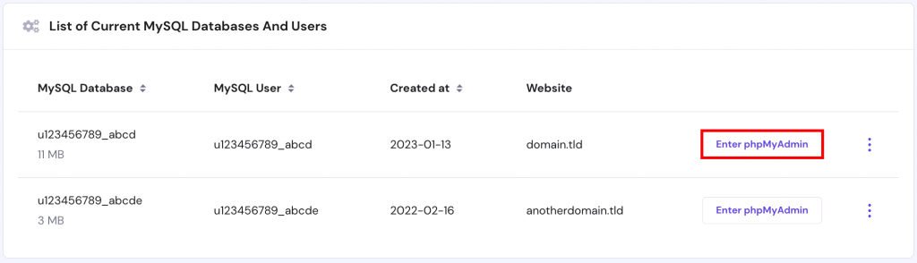 The list of current MySQL databases on hPanel. The Enter phpMyAdmin button is highlighted