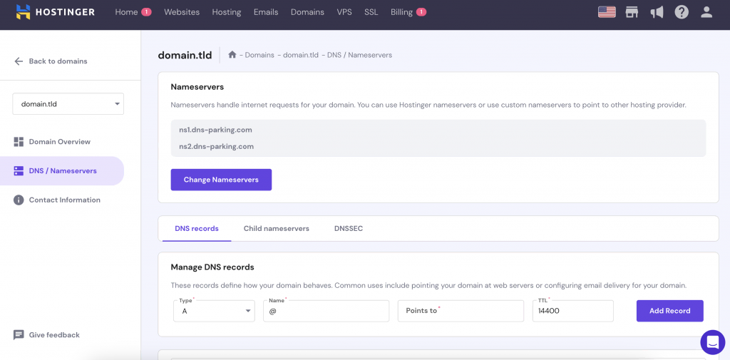 Screenshot of the DNS/Nameservers section on hPanel