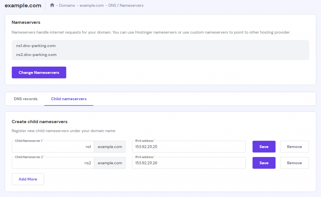 The child nameservers section on hPanel