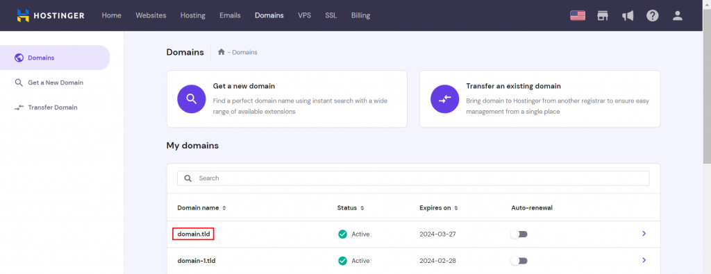 Selecting a domain on the Domains page on hPanel