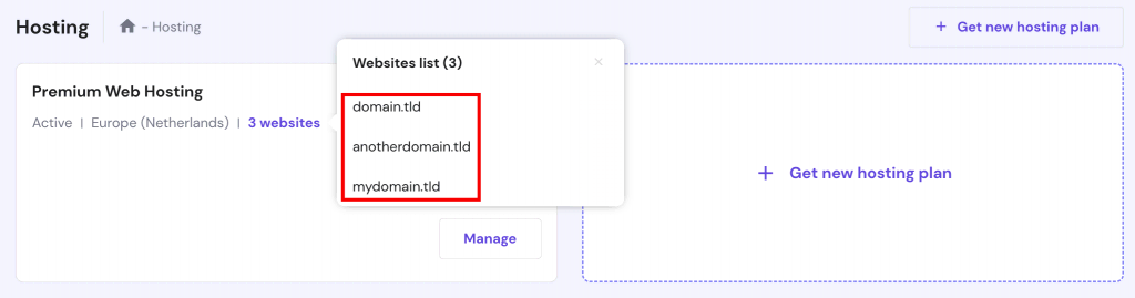 The Hosting page on hPanel. List of currently added domains is highlighted