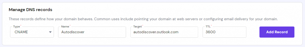 The Manage DNS records section on hPanel showing CNAME record values