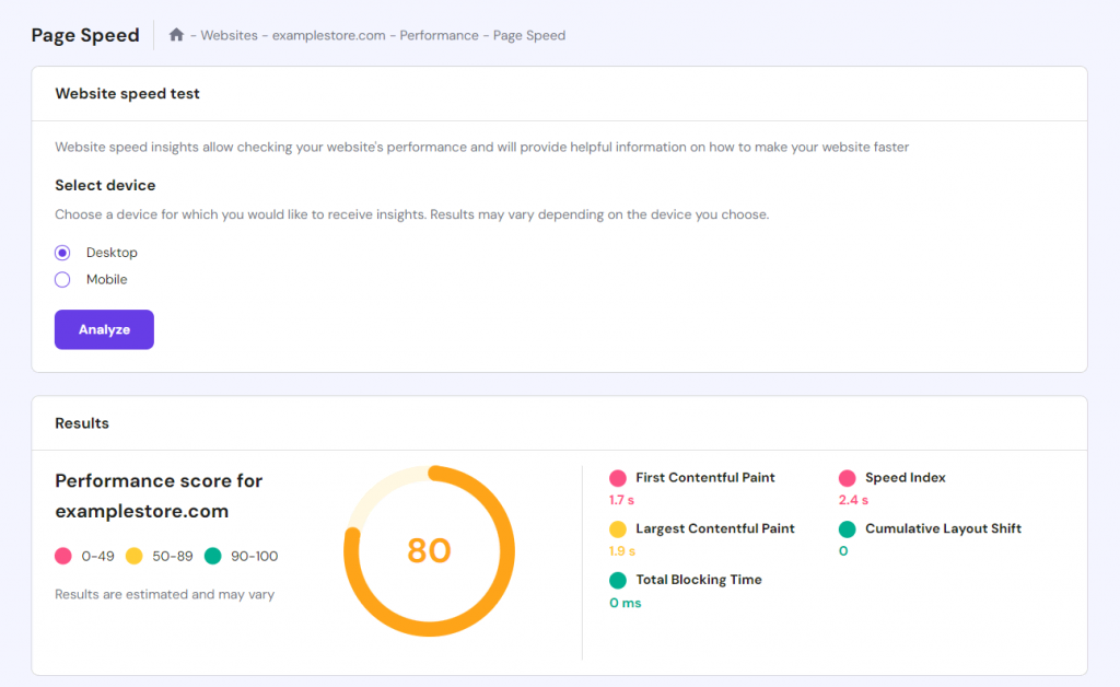 Accessing the Page Speed menu on hPanel