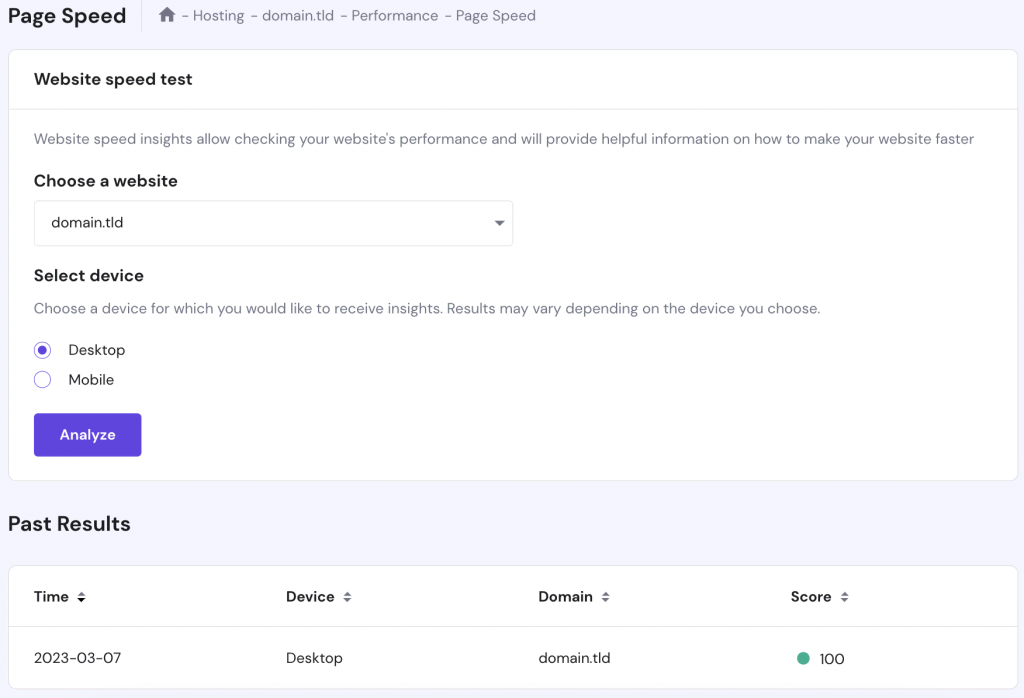 The Page Speed section on hPanel