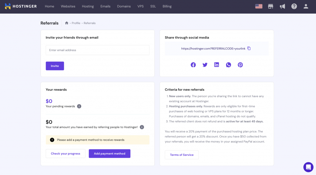 Hostinger referral program page in the hPanel 
