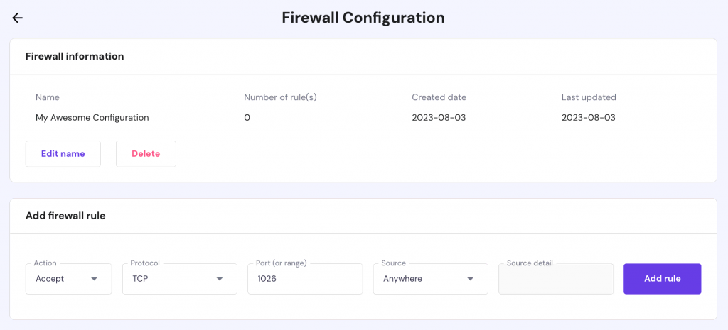 The process of creating a new firewall rules on hPanel