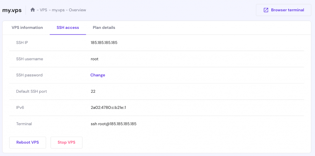 The VPS access section on hPanel