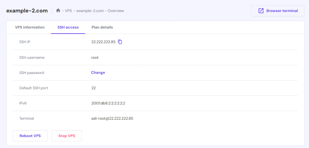 SSH details on VPS' SSH access tab