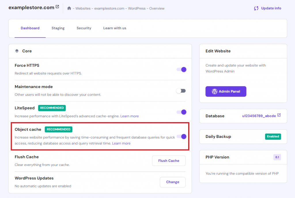 Activating the Object cache option on hPanel