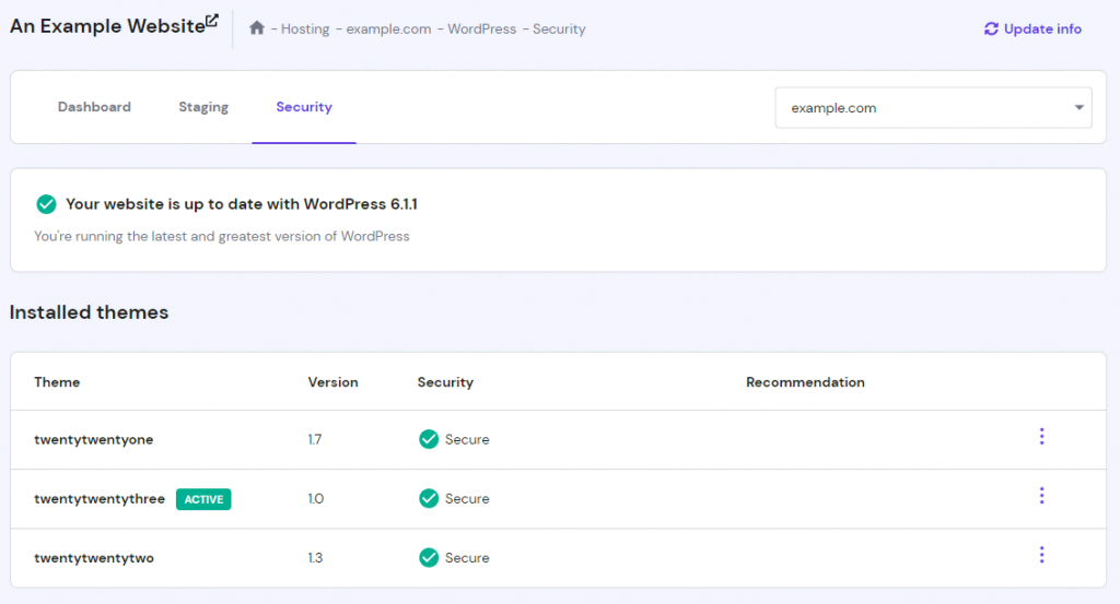 The Security page on the WordPress dashboard section in hPanel