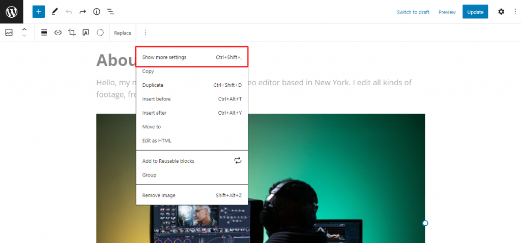 Image block options on WordPress Gutenberg page editor with the "Show more settings" option highlighted