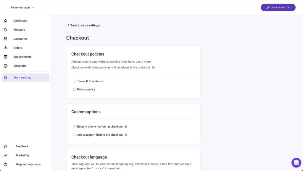 Checkout settings page