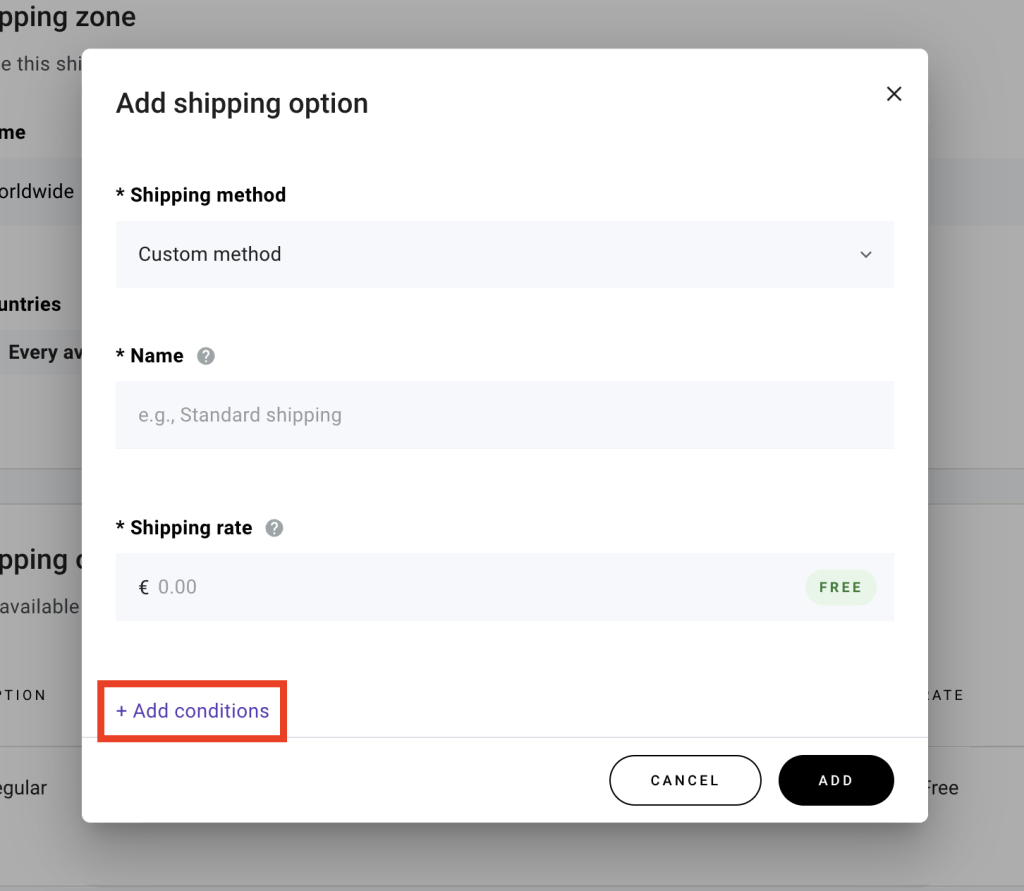 Add conditions button highlighted in the Add shipping option popup