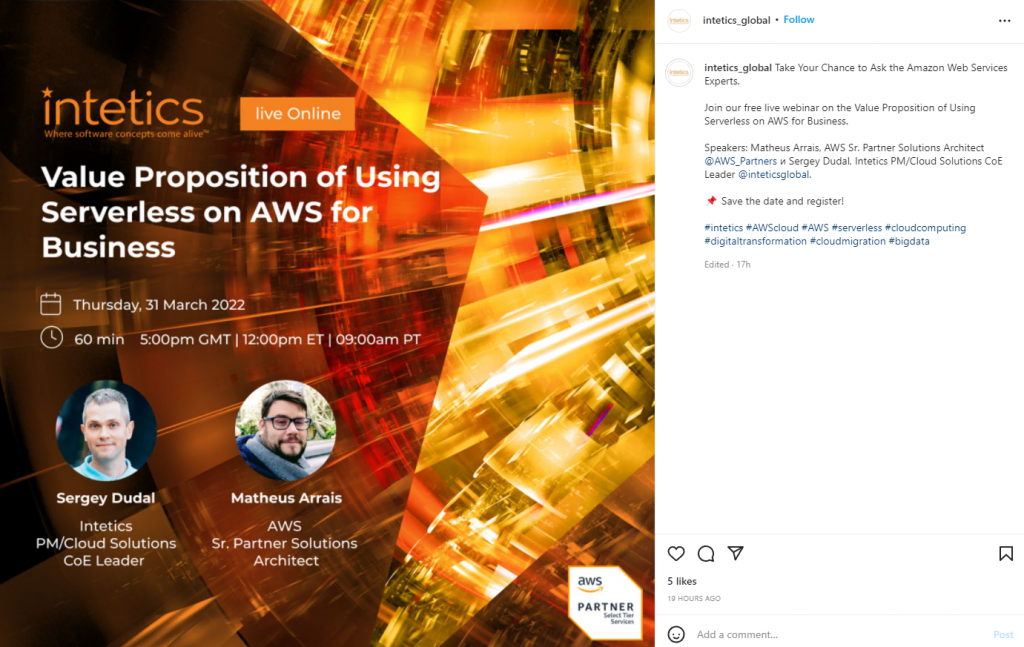 Intetics' Instagram post announcing its webinar