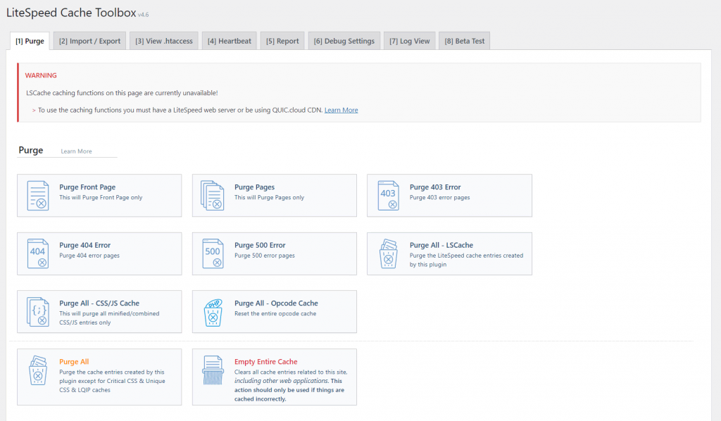 LiteSpeed Cache's Toolbox section displays various cache clearing options