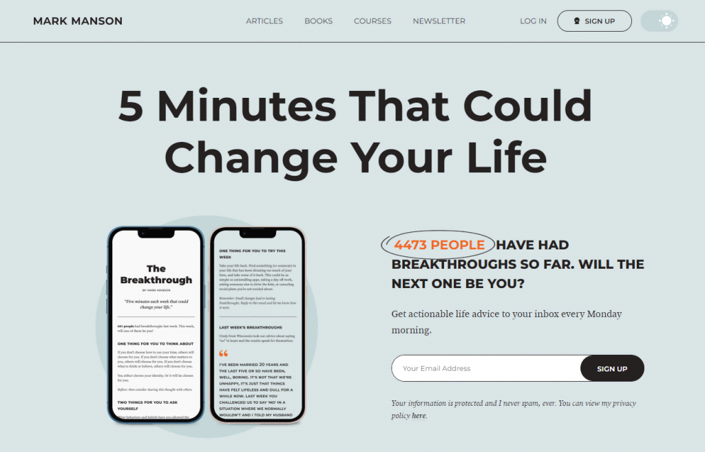 Homepage of Mark Manson's WordPress website