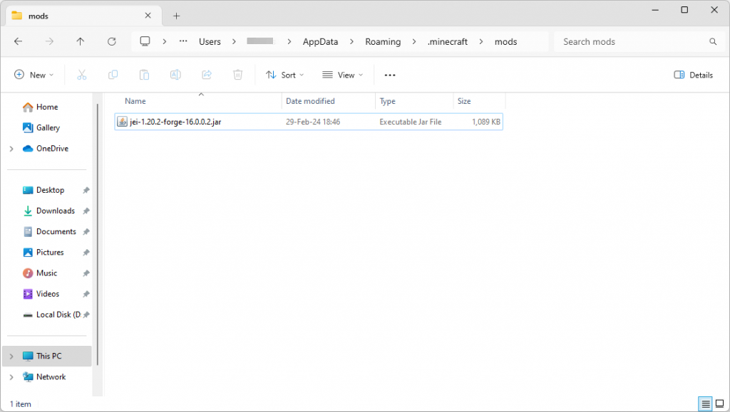 Minecraft mods folder with Just Enough Items mod .jar file highlighted