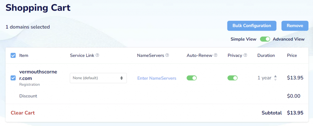 Pricing simulation for NameSilo domain regiration