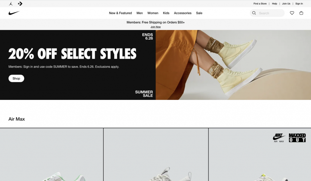 Nike landing page