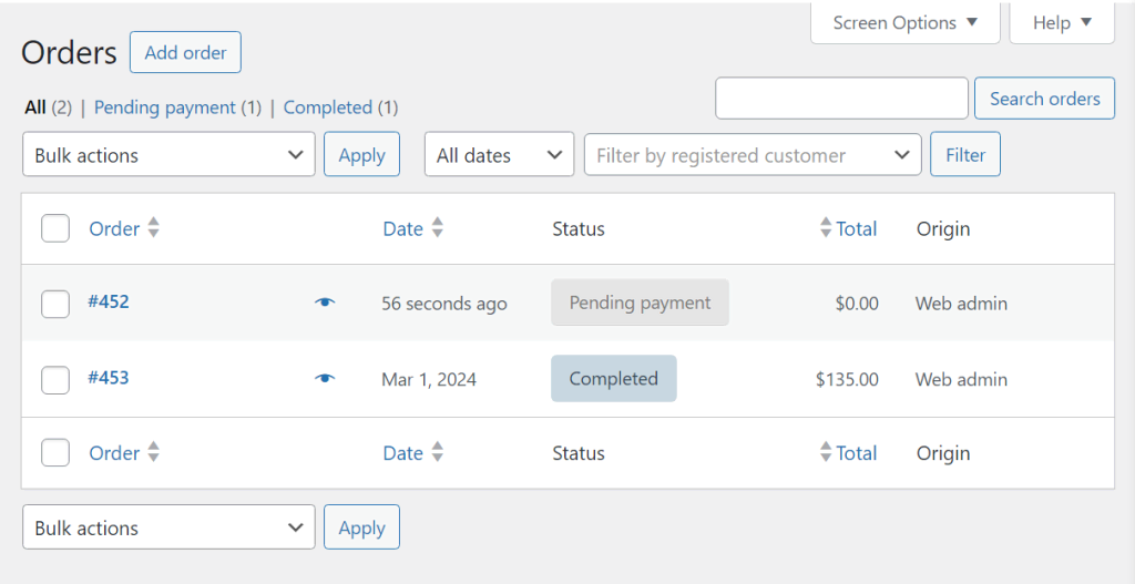 The Orders tab in WooCommerce