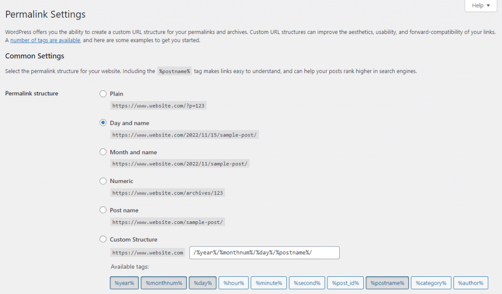 Permalink Settings page on WordPress.org admin dashboard
