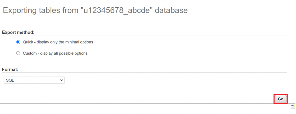 The Go button in the Export tab of phpMyAdmin
