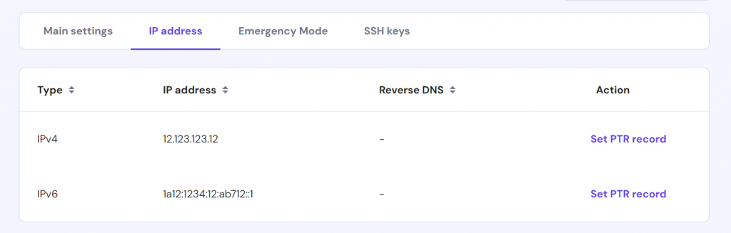 PTR records configuration menu in hPanel's VPS settings