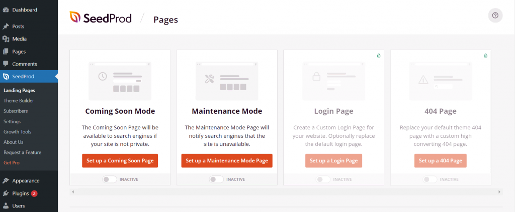 SeedProd dashboard in WordPress that offers various types of landing pages, including the coming soon page