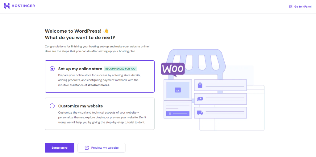 The Set up my online store option in the Hostinger setup wizard on the WordPress admin dashboard