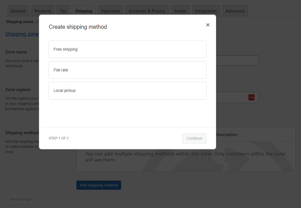 Choosing shipping methods in WooCommerce.