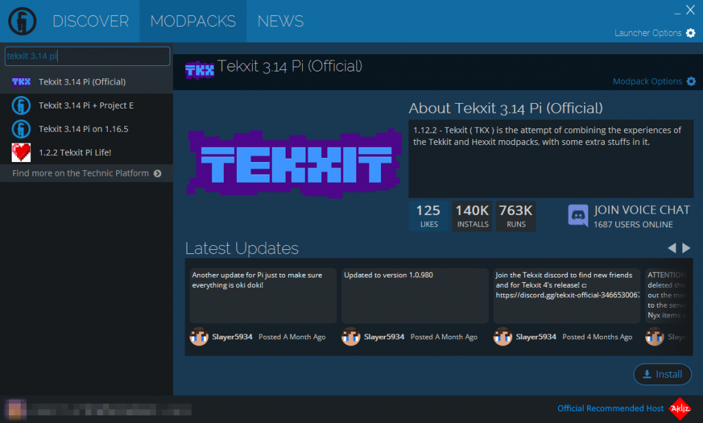 Technic Launcher with the Tekxit 3.14 Pi modpack selected