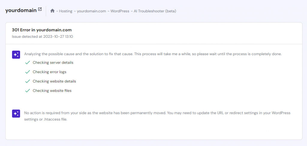 The AI Troubleshooter feature in Hostinger's control panel